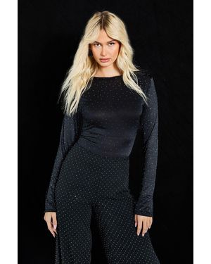 Boohoo Hotfix Slinky Long Sleeve Crew Neck Bodysuit - Black