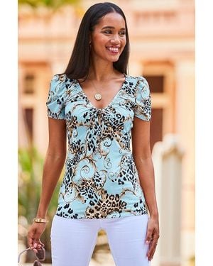 Sosandar Wow Print Twist Front Jersey Shirt - Blue