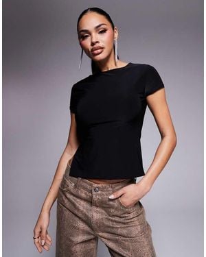 Kaiia Exclusive Double Layered Slinky Cap Sleeve Side Split Top - Black