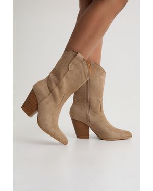 Boohoo Faux Suede Embroidered Calf High Western Cowboy Boots - Natural