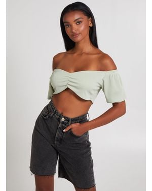 Pink Vanilla Waffle Rib Ruched Crop Top - Grey