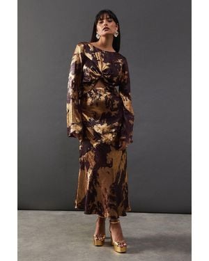 Warehouse Metallic Marble Twist Front Bias Midi Dress - Grey