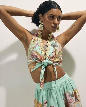 River Island Top Tie Halter Neck Floral Blouse Del Maar Cotton - Green