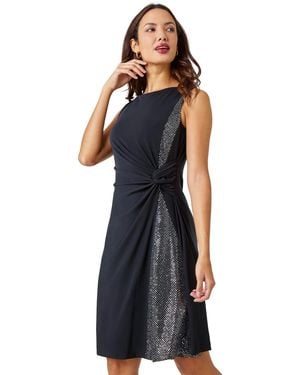 Roman Side Twist Sleeveless Glitter Dress - Blue
