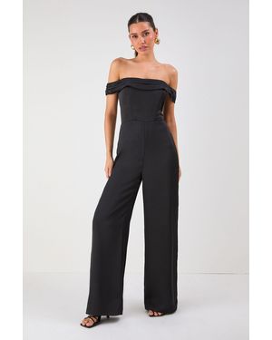 MissPap Satin Bardot Wide Leg Jumpsuit - Blue