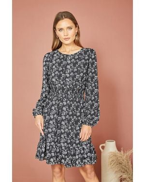 Mela London Floral Print Ruched Waist Long Sleeve Skater Dress - Blue