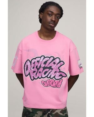 BoohooMAN Oversized Boxy Fun Moto Graphic Puff Print T-Shirt - Pink