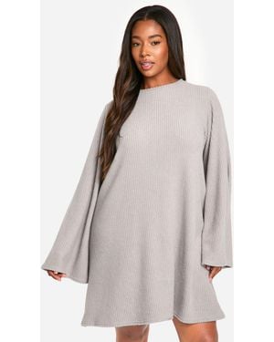 Boohoo Plus Soft Rib Tie Back Smock Dress - Grey