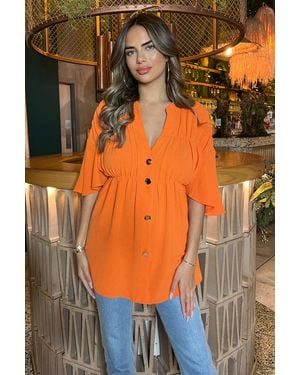 AX Paris Button Up Ruched Detail Smock V-Neck Top - Orange