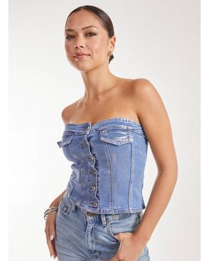 Pink Vanilla Metallic Foil Denim Corset Top - Blue