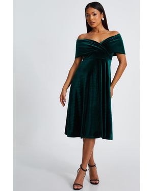 Quiz Petite Bottle Velvet Bardot Midi Dress - Blue