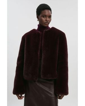 Karen Millen Collarless Faux Fur Jacket - Black