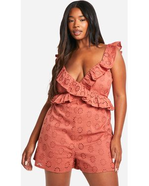 Boohoo Plus Ruffle Broderie Playsuit - Red