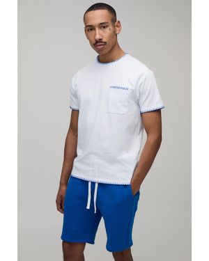 BoohooMAN Contrast Blanket Stitch Slim Fit T-Shirt & Regular Fit Short Set - White