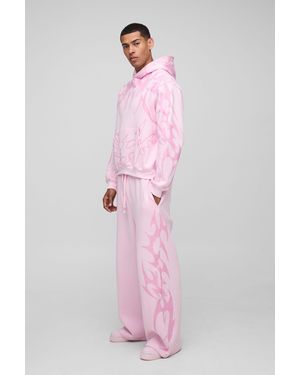 BoohooMAN Oversized Boxy All Over Print Wide Leg Hooded Tracksuit - Pink