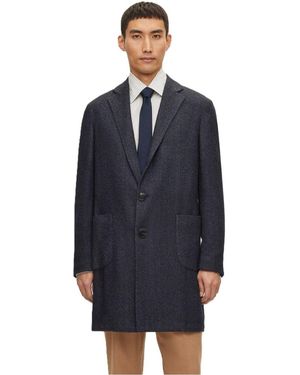 BOSS Solid Patterned Lapel Collared Over Coat - Blue