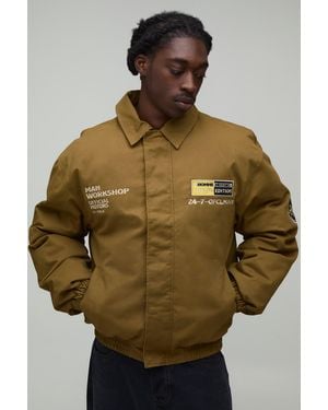 BoohooMAN Oversized Fit Badge Applique Collared Bomber Jacket - Green