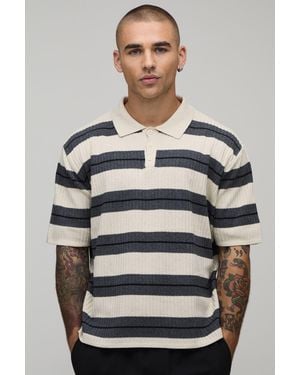 BoohooMAN Oversized Boxy Striped Knitted Polo - Grey