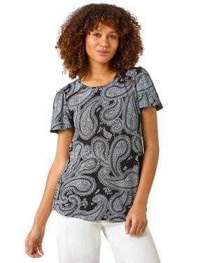 Roman Paisley Print Ladder Trim Top - Grey
