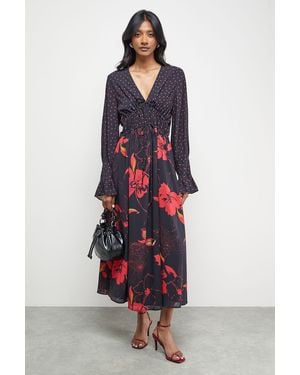 Oasis Mixed Print Chiffon Tie Detail Midi Tea Dress - Multicolour