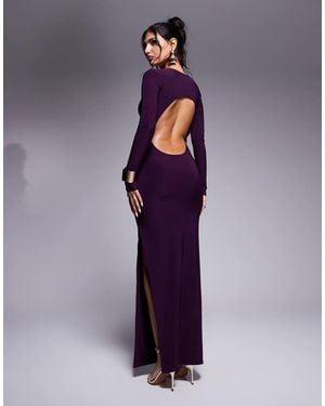 Kaiia Exclusive Double Layered Slinky Long Sleeve Open Back Side Split Maxi Dress - Purple
