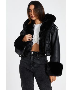 Quiz Faux Fur Bomber Jacket - Black