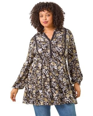 Roman Curve Floral Woven Tunic Top - White
