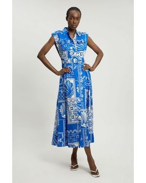 Karen Millen Premium Viscose Linen Print Belted Woven Midi Dress - Blue