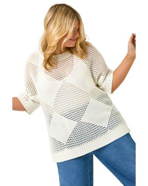 Roman Curve Metallic Diamond Knit Top - White