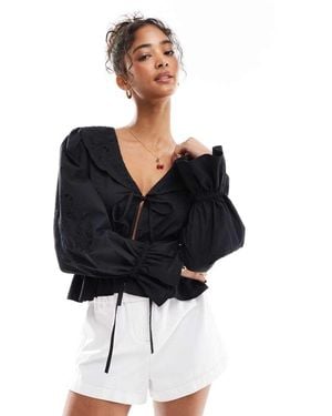 Miss Selfridge Poplin Tie Front Cutwork Blouse - Black
