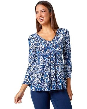 Roman Leaf Print Pintuck Swing Stretch Top - Blue