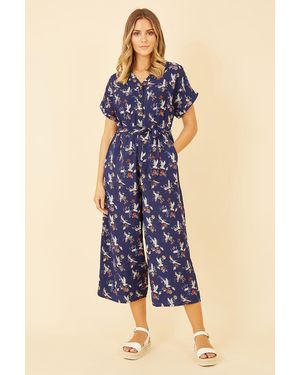 Yumi' Crane Print Culotte Jumpsuit - Blue