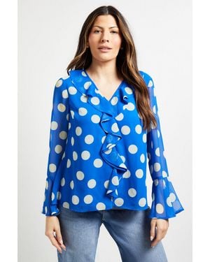 Wallis Polka Dot Ruffle Detail Blouse - Blue