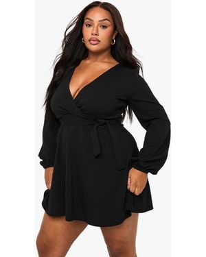 Boohoo Plus Wrap Tie Belt Skater Dress - Black