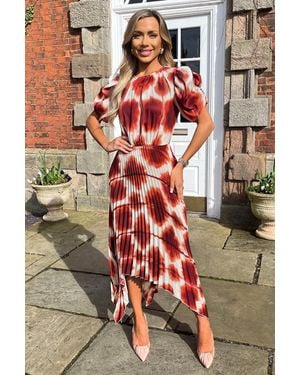 AX Paris Printed Puff Sleeve Zig Zag Hem Pleated Midi Dress - Multicolour