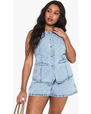 Boohoo Plus Denim Self Fabric Button Waistcoat - Blue