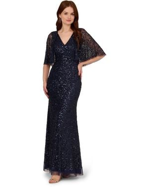 Adrianna Papell Bead Mesh Cape Long Dress - Blue