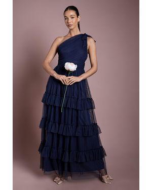 Oasis Pleated Mesh One Shoulder Tiered Maxi Bridesmaid Dress - Blue