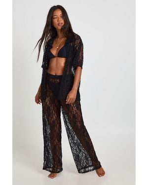 Boohoo Lace Short Sleeve Beach Shirt And Wide Leg Trousers Co-Ord - Black
