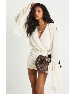 Boohoo Chiffon Wrap Flare Sleeve Ruched Mini Dress - Natural
