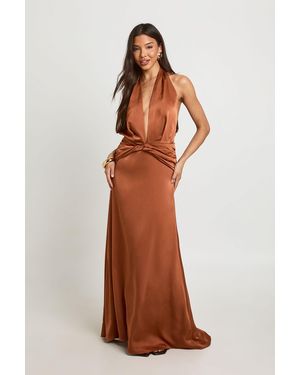 Boohoo Plunge Front Open Back Satin Maxi Dress - Brown