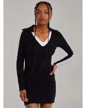Pink Vanilla Ribbed Sports Stripe Collared Dress - Grey