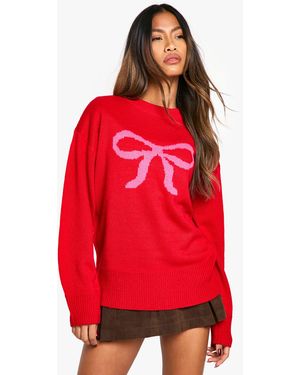 Boohoo Oversized Christmas Bow Jumper - Red