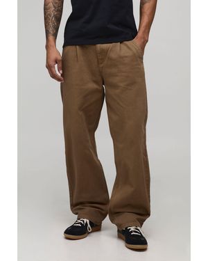 BoohooMAN Relaxed Fit Half & Waistband Washed Twill Trouser - Brown