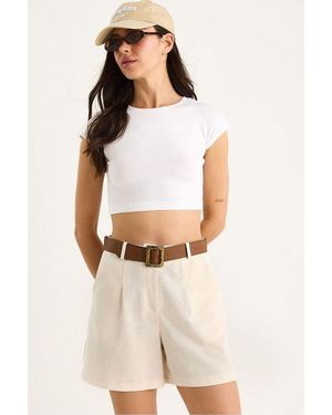 Bianco Lucci Linen Blend Relaxed Fit Wide Leg Shorts With Pockets - Natural