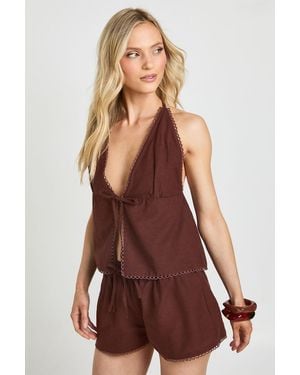 Boohoo Petite Linen Look Halterneck Top And Shorts Set - Red