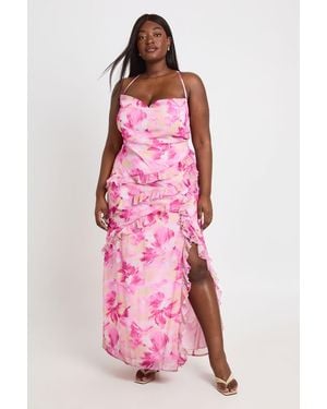 Boohoo Plus Floral Chiffon Ruffle Maxi Dress - Pink