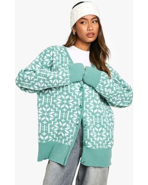 Boohoo Premium Fairisle Snowflake Knitted Christmas Cardigan - Green