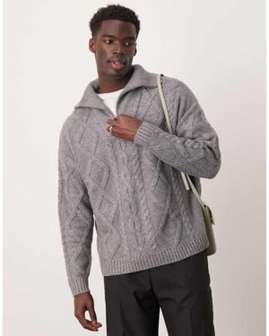 ASOS Oversized Heavyweight Knitted Wool Mix Cable Quarter Zip Jumper - Grey