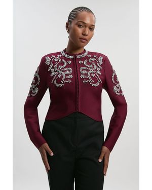 Karen Millen Plus Size Figure Form Bandage Embellished Knit Jacket - Red